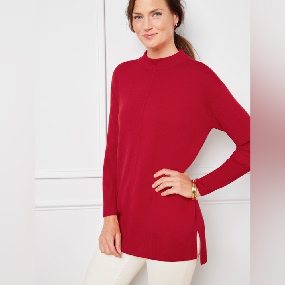 NWT Talbots sz PS Cherry Red Merino Wool Rib Trim Mock Neck Pullover Sweater